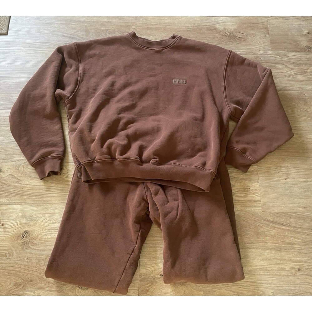 Set Active Two Piece Lounge Set Sweats Crew Comfort Heavy Cotton Sz Small Brown